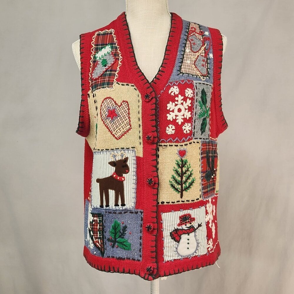 Ugly Christmas Sweater Vest Women's M Red Button Up Patchwork Embroidered OHI